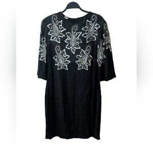 Vintage Sahib Sequin Silk Beaded Black Silver Cocktail Deadstock Dress Size XL